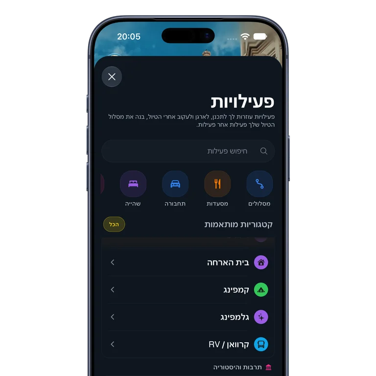 Vacation activity planning with routes, restaurants, transport and stays, Hebrew interface