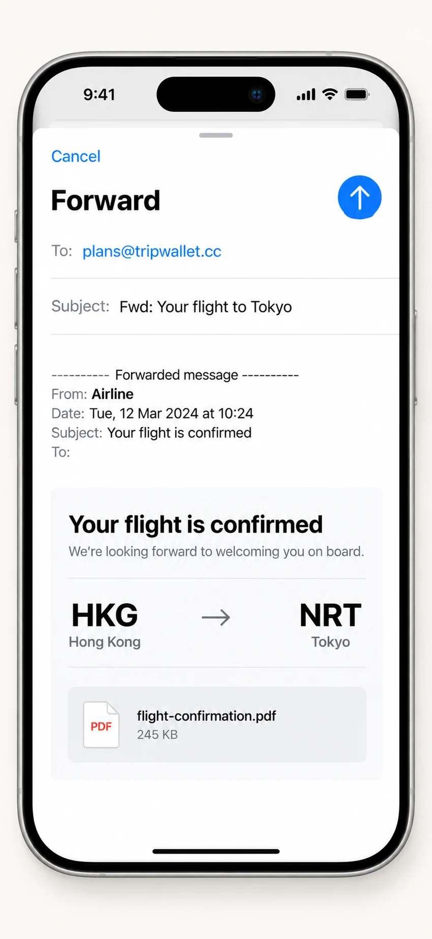 המחשת העברת הזמנה מהאייפון אל plans@tripwallet.cc