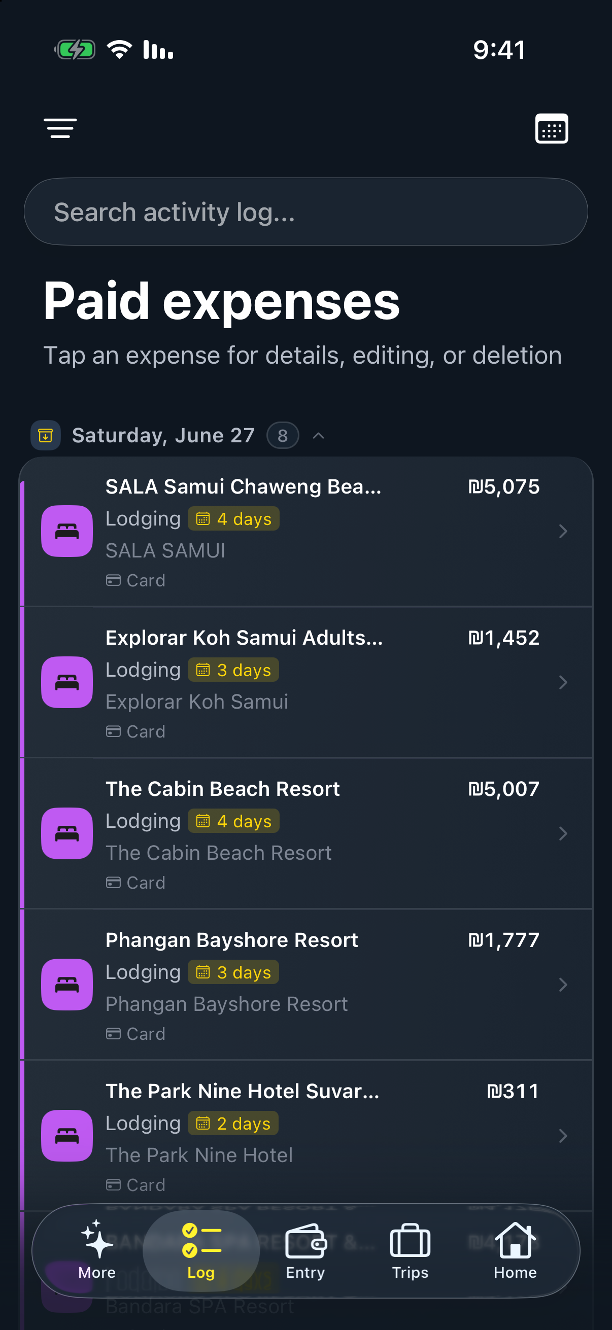 TripWallet expense Log in English grouped by date with home-currency totals