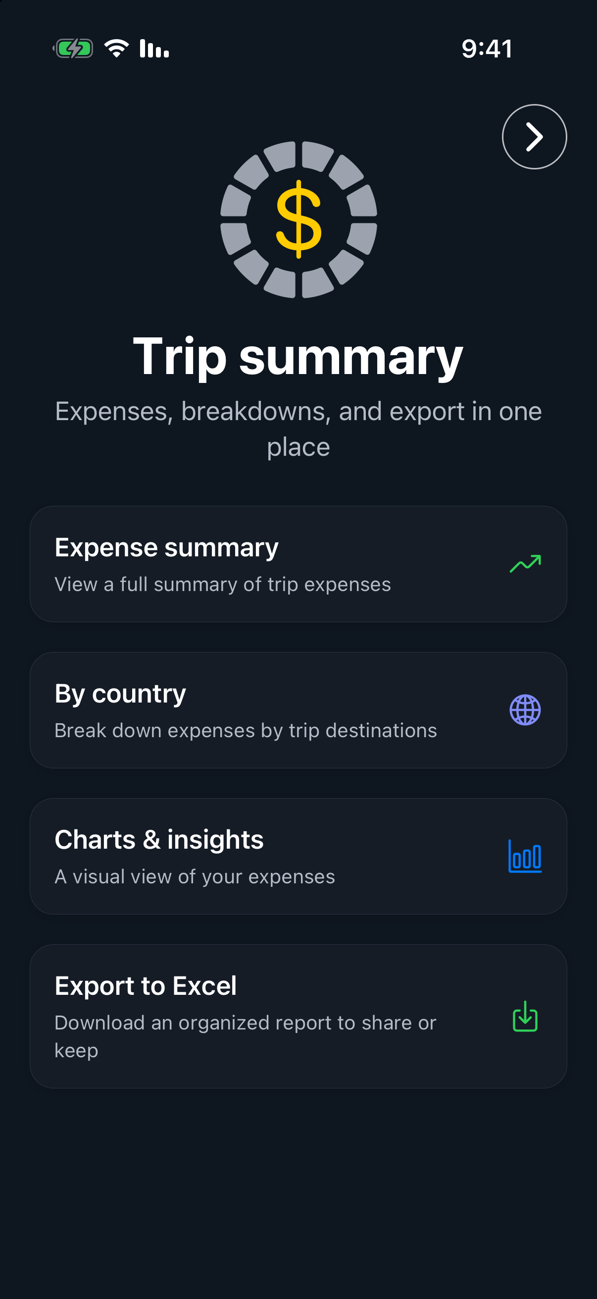 Trip Summary introduction in English with Summary, By country, Charts, and Excel export options