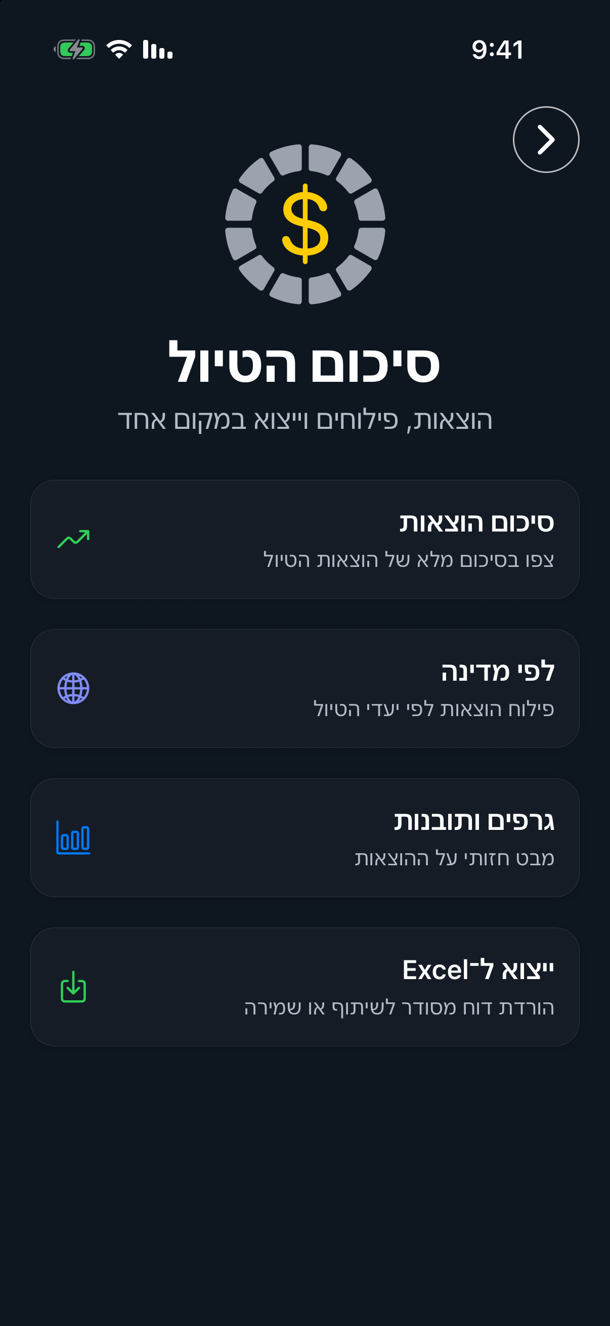 מסך המבוא לסיכום הטיול עם אפשרויות סיכום, פילוח, גרפים וייצוא ל־Excel