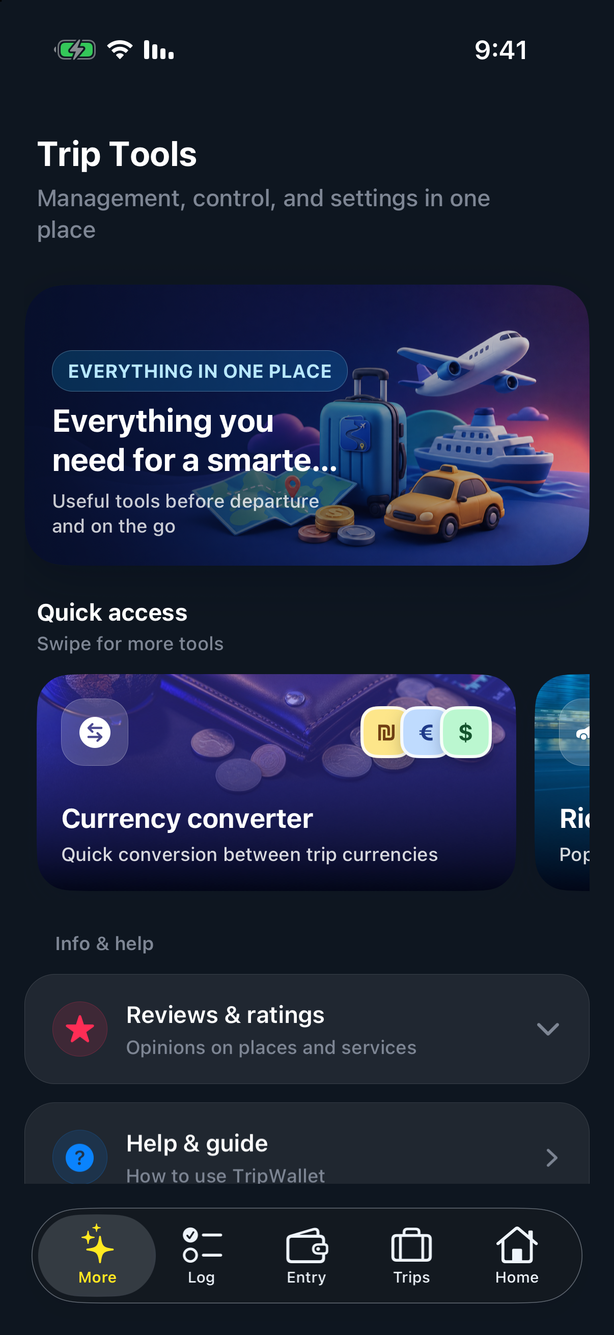 Trip Tools screen in English with ferry, ride, currency conversion, and help cards