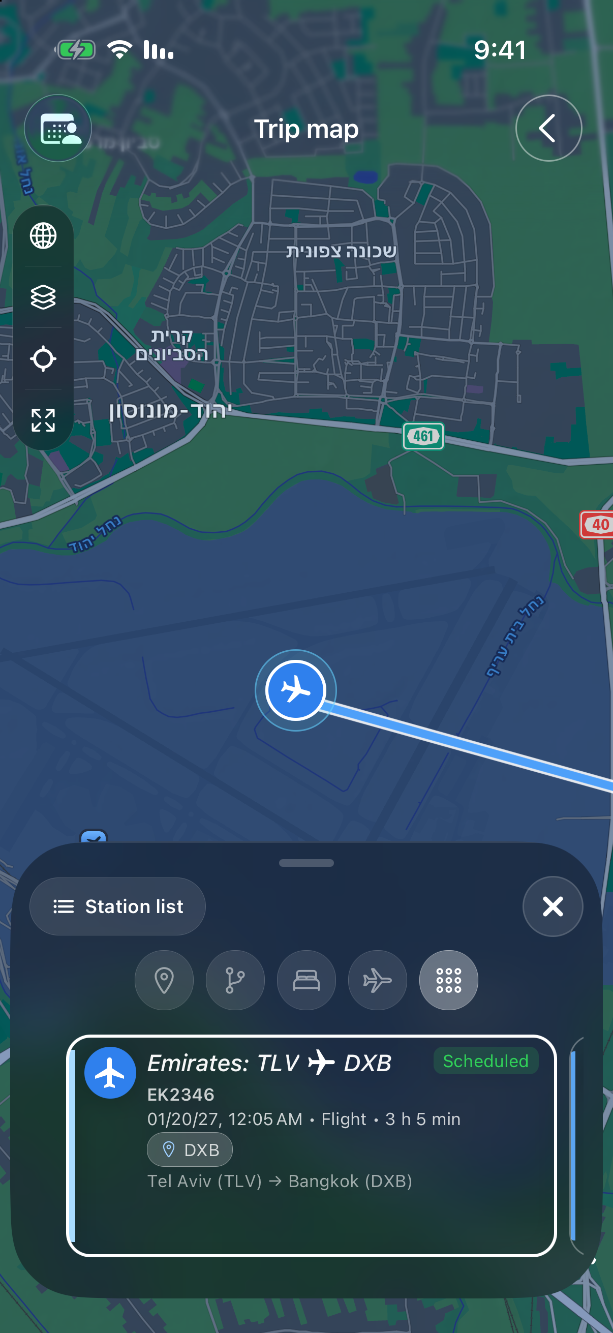 Trip map with activities, flights, and stays in itinerary order