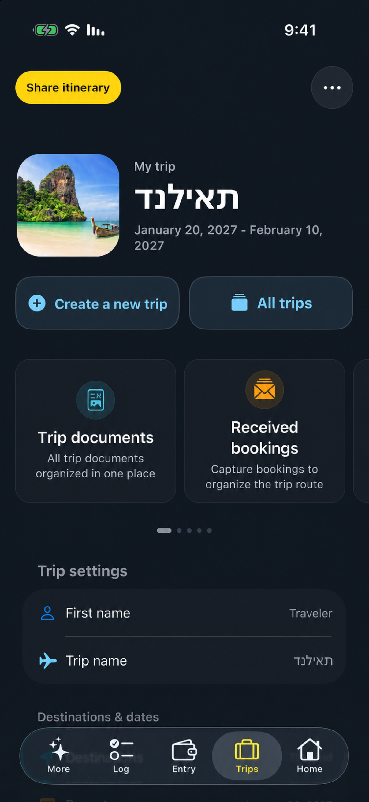 Trip settings screen in English with destinations, dates, budget, currency, and tracking options