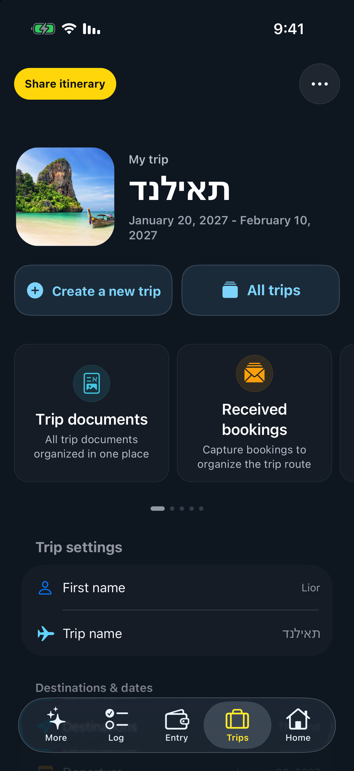 Trip settings screen in English with destinations, dates, budget, currency, and tracking options