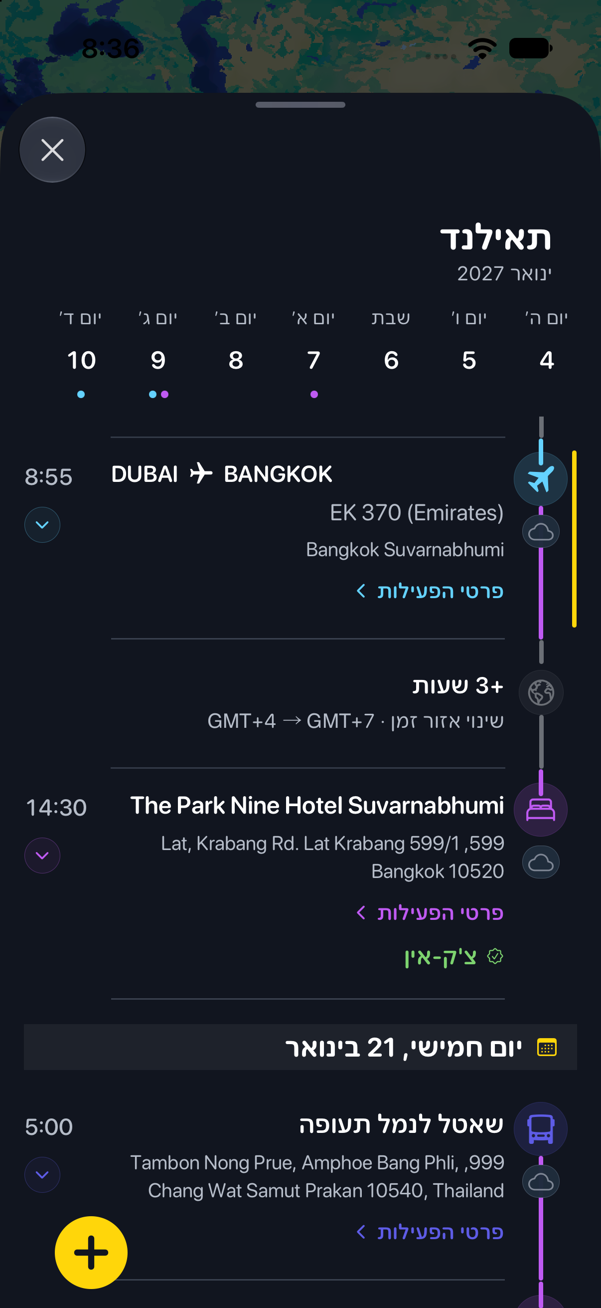 ציר הזמן של הטיול בתאילנד מעל המפה, עם רצועת תאריכים, טיסה, לינה ותחבורה